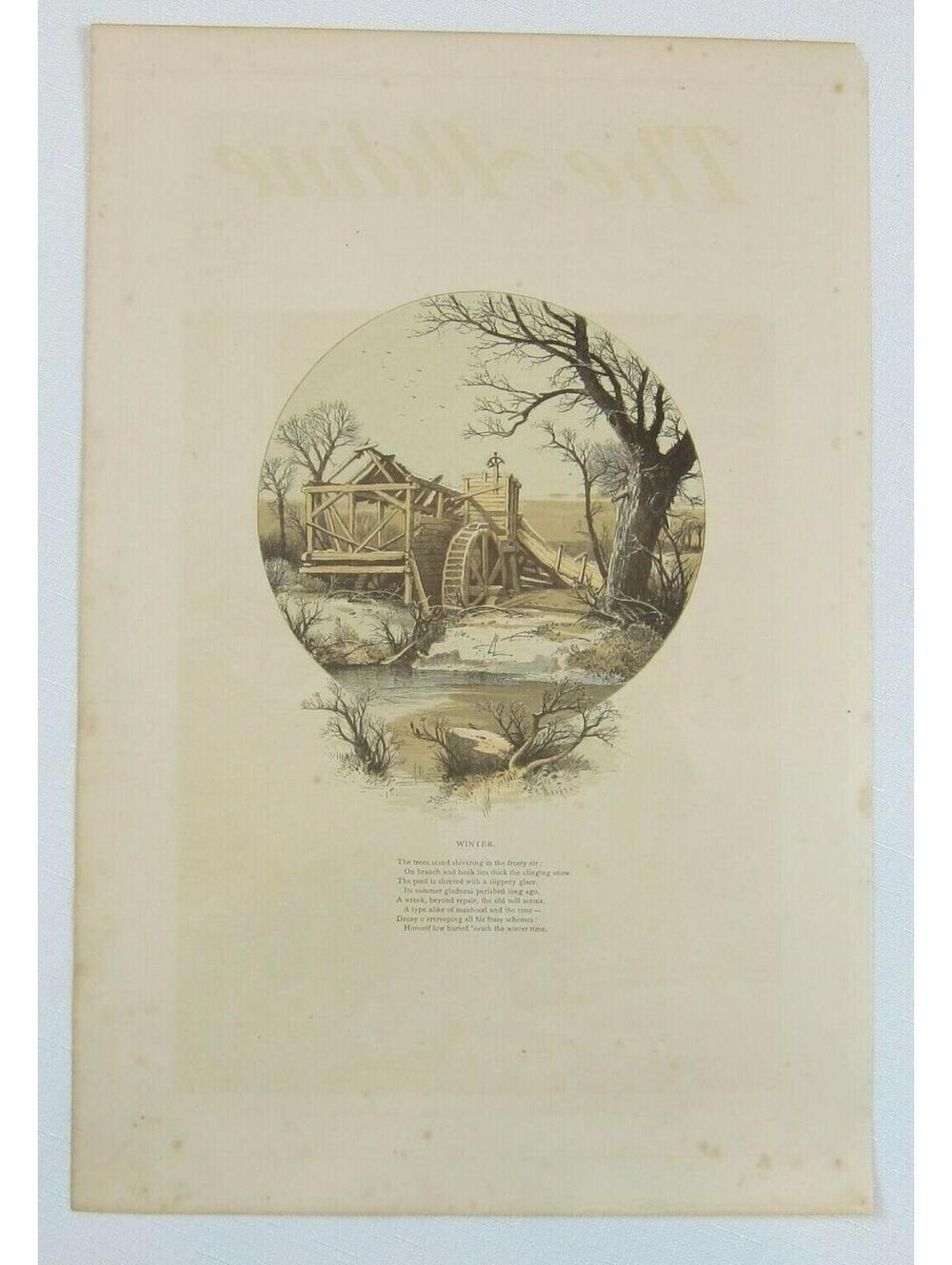 Antique 1870s Engraving Print from The Aldine Old Mill in Winter Scene & Poem